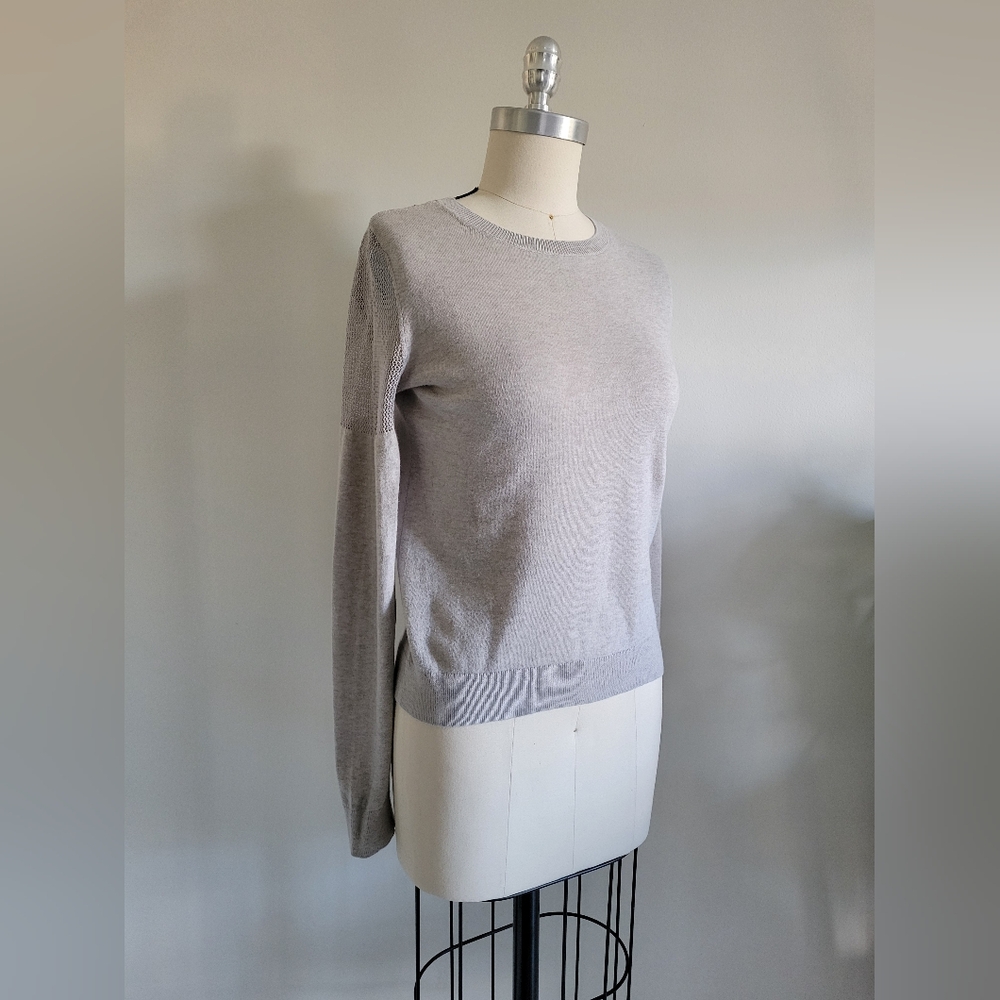 ALL SAINTS light grey crew neck sweater with contrasting mesh fabric on sleeves